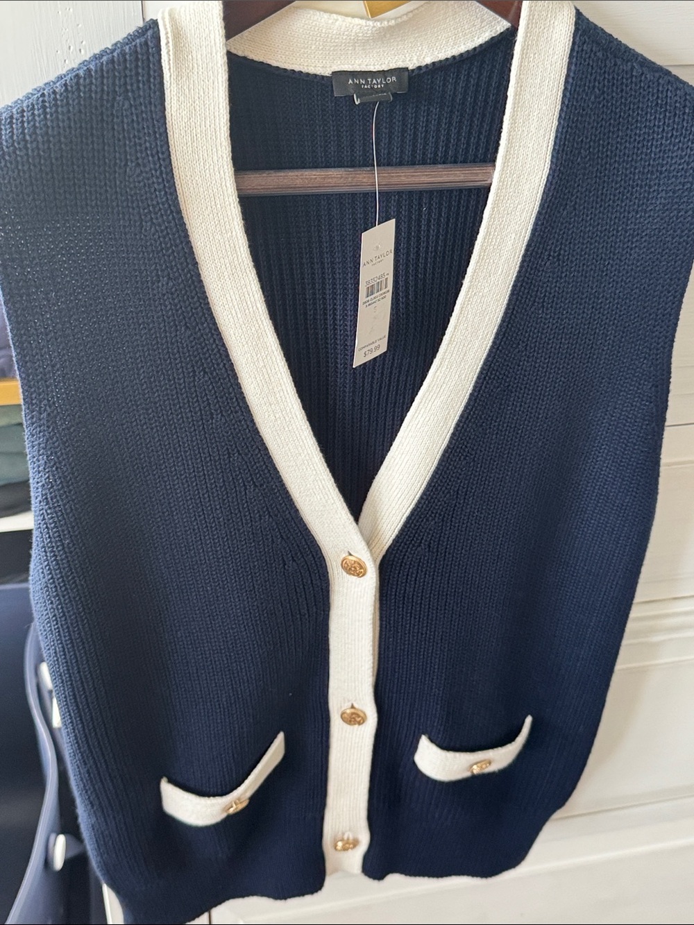 Ann Taylor Navy & Cream V-Neck Button Knit Sweater Vest